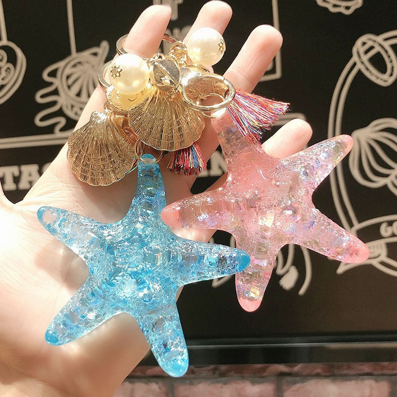 Handmade Resin Starfish Shell Keychain with Tassel – Ocean Charm Accessory