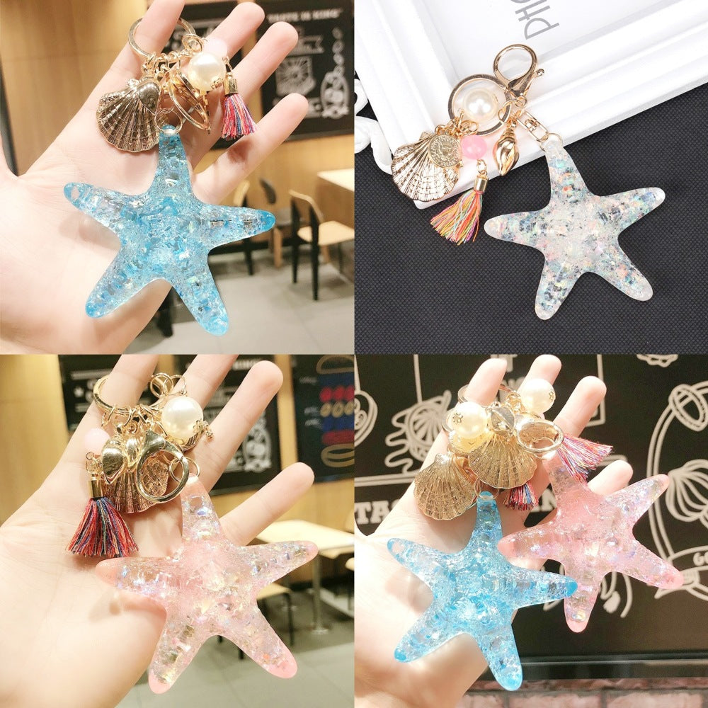 Handmade Resin Starfish Shell Keychain with Tassel – Ocean Charm Accessory