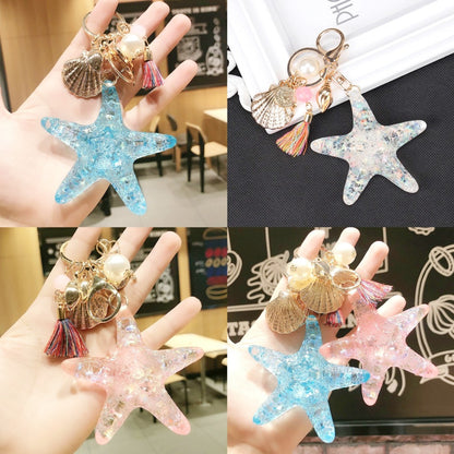 Handmade Resin Starfish Shell Keychain with Tassel – Ocean Charm Accessory