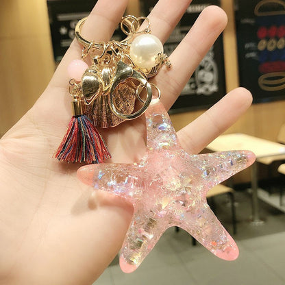 Handmade Resin Starfish Shell Keychain with Tassel – Ocean Charm Accessory