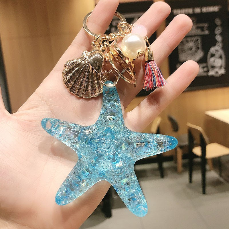 Handmade Resin Starfish Shell Keychain with Tassel – Ocean Charm Accessory