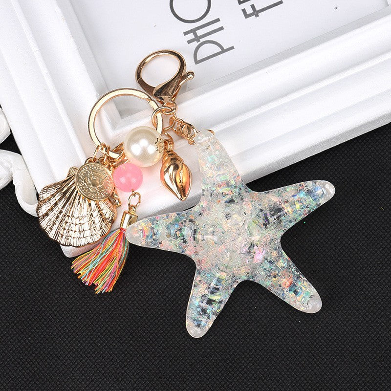 Handmade Resin Starfish Shell Keychain with Tassel – Ocean Charm Accessory